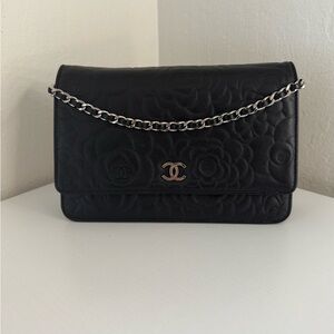 CHANEL Black Camellia Wallet on a Chain